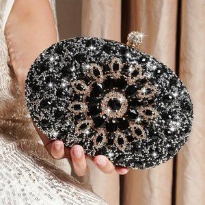 Flower Pattern black Rhinestone gold Metal Chain Handbag evening Clutch 8.2"x 5"